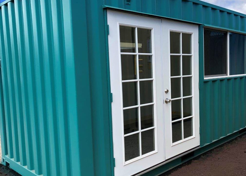 Container casita with white french doors