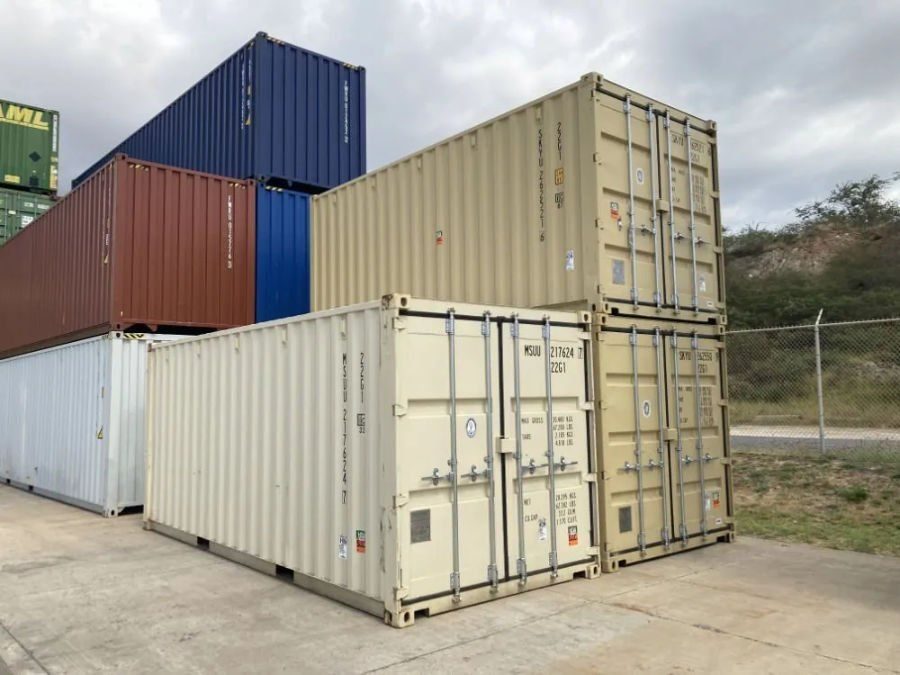 Shipping containers stacked in a holding yard